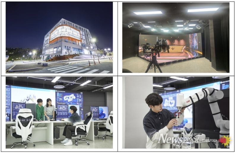 (상단 왼쪽부터) 한국기술교육대 다담 미래학습관 전경, XR스튜디오, 스마트러닝팩토리 관제센터에서 학생들이 실습하는 장면