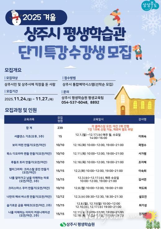 상주시, 평생학습관 겨울 인문학·단기특강 운영