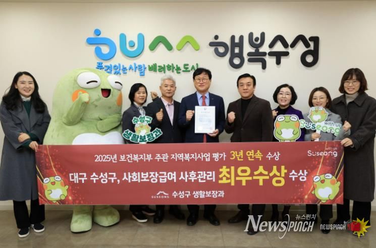 김대권 수성구청장과 관계 공무원들이 보건복지부가 주관한 ‘2025년 지역복지사업평가’사회보장급여 사후관리 부문에서 최우수상을 수상 후 기념 촬영을 하고 있다.