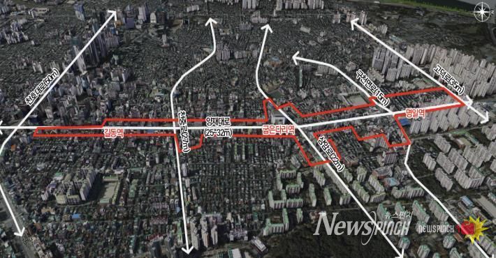 길동·굽은다리·명일역 3개 역세권 지구단위계획 위치도