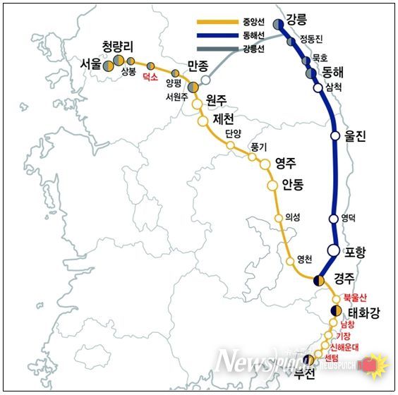 중앙선‧동해선‧ 강릉선 노선도