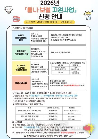 합천군, 저소득층 틀니·보철 지원사업 신청 접수