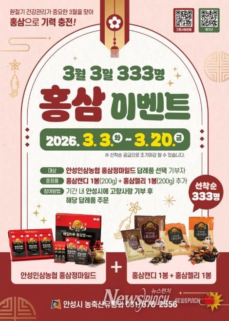 안성시, 고향사랑기부 ‘3월 3일 333명 홍삼’ 이벤트 추진