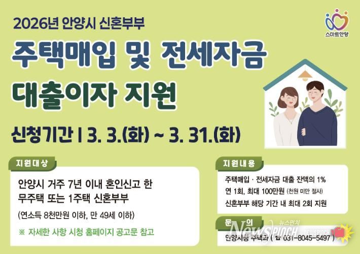 안양시, 신혼부부 주택매입・전세 대출이자 지원…주거비 부담 완화