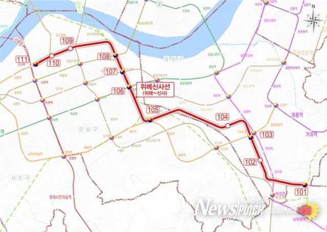 위례신사선 도시철도 노선도 (※ 정거장 위치 등은 개략적인 것이며 향후 사업계획 수립, 공사 단계 등에서 조정될 수 있음)