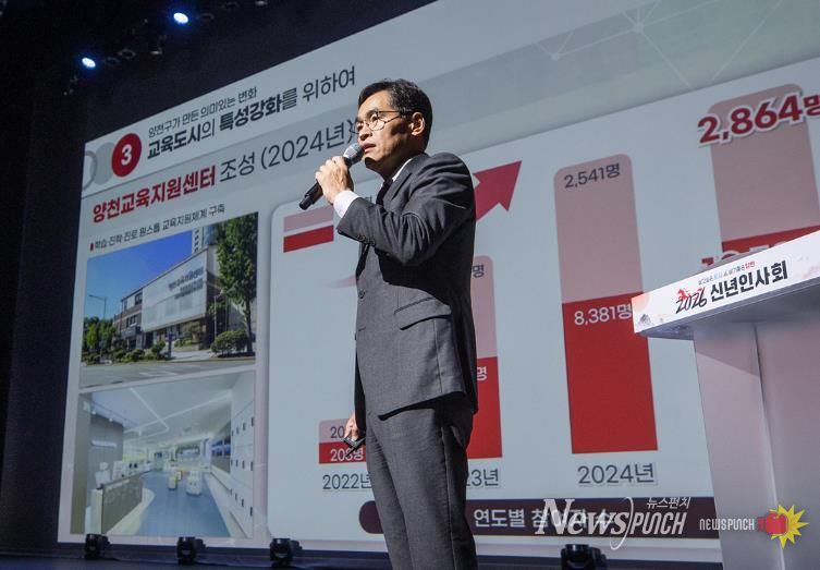 2026년 신년인사회에서 교육정책을 발표중인 이기재 양천구청장