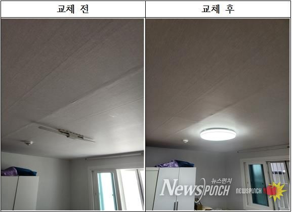 고효율 발광다이오드(LED) 조명기구 교체 전후 비교사진