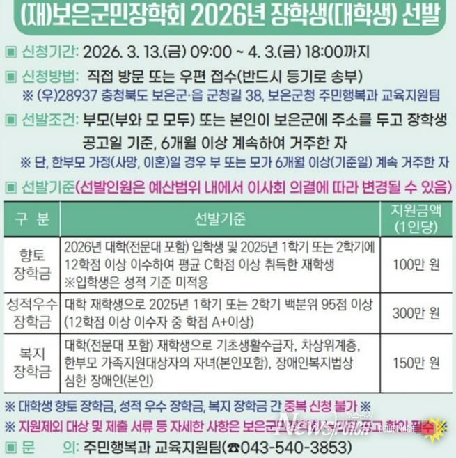 보은군민장학회, 2026년 대학생 장학생 모집