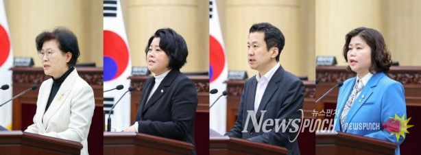 안산시의회가 8일 본회의장에서 제302회 임시회 제2차 본회의를 열고 시정질문과 5분 자유발언을 진행했다. 사진 왼쪽부터 이날 시정질문에 임한 박은경 의원과 5분 자유발언에 나선 김진숙 송바우나 박은정 의원의 모습.