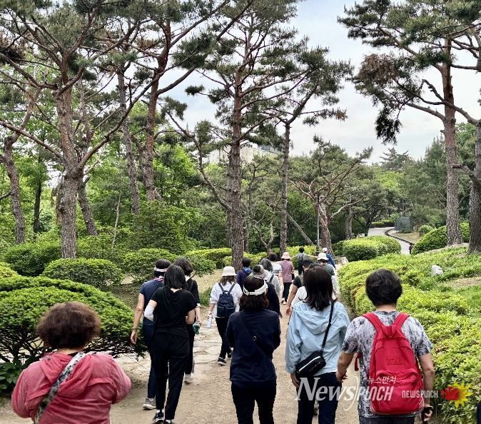용산구민들이 남산공원 일대를 걸으며 걷기 활동에 참여하고 있다.
