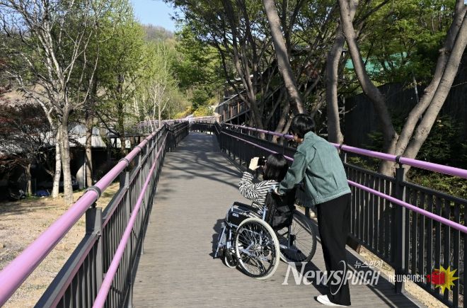 휠체어 이용객이 무장애 데크길을 이용해 진달래동산으로 이동하고 있다.